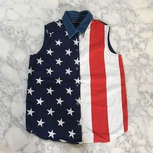 American sleeveless button up top